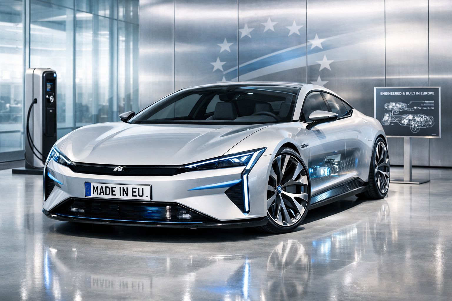 Carro elétrico desportivo prateado estacionado em ambiente interior moderno com estação de carregamento.