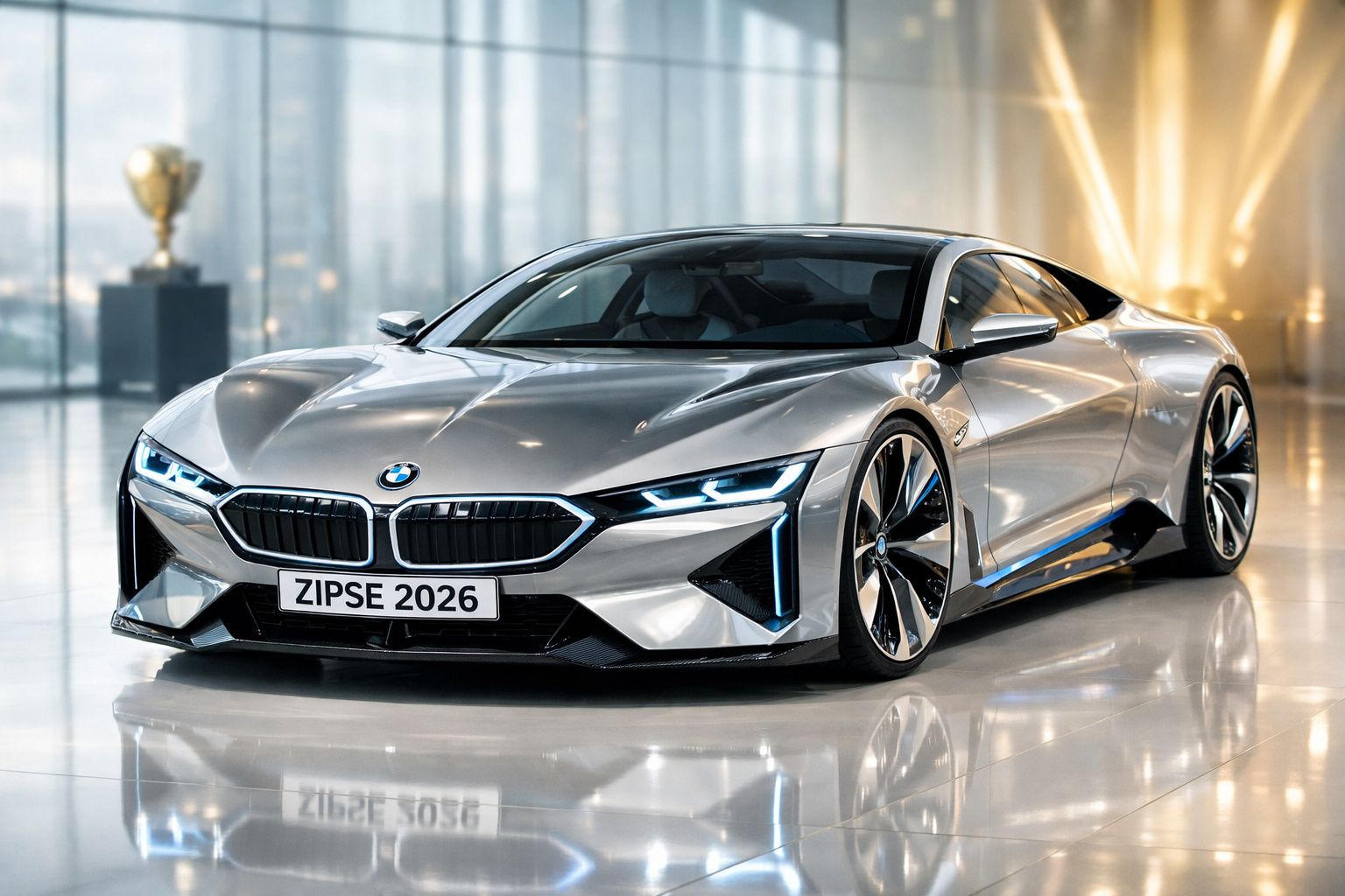 Carro desportivo cinzento prateado BMW futurista com faróis LED e design aerodinâmico em ambiente interior.