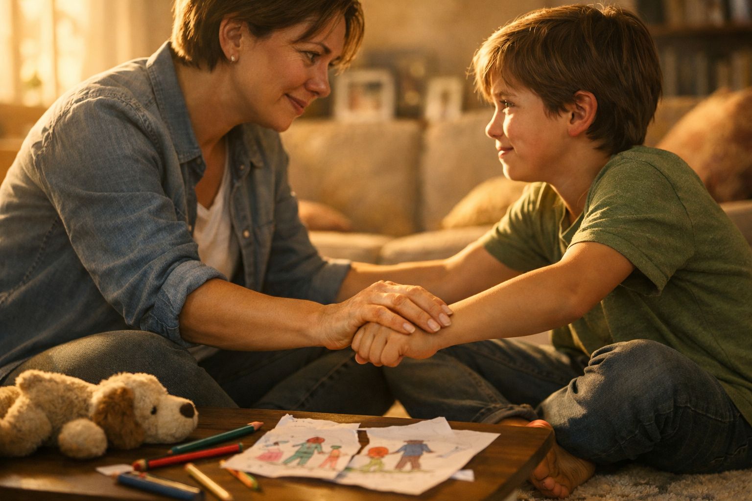 Mulher e menino sentados no chão, a sorrir-se e a dar as mãos, com desenhos e um brinquedo numa mesa à frente.
