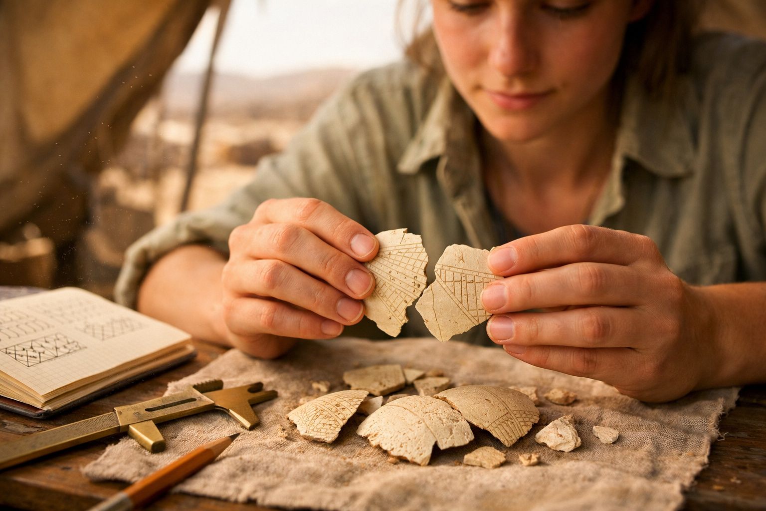 Pessoa a montar fragmentos de cerâmica antiga com desenhos gravados numa mesa com caderno aberto e instrumentos.