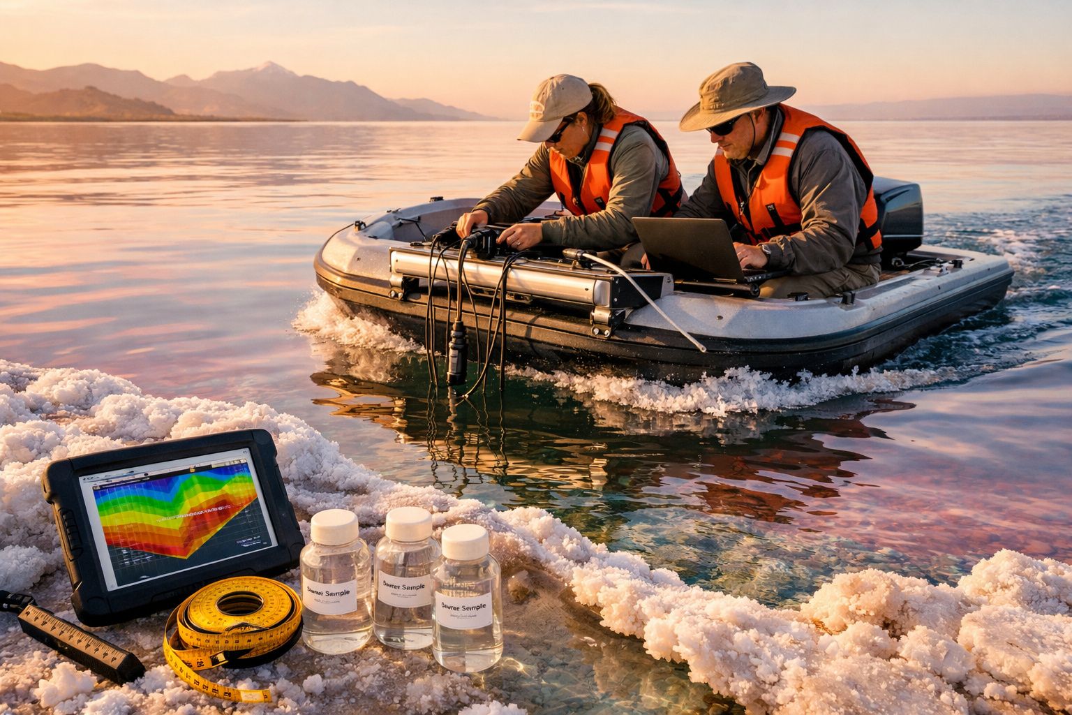 Dois cientistas em coletes salva-vidas recolhem amostras de água e dados num lago salgado ao pôr do sol.