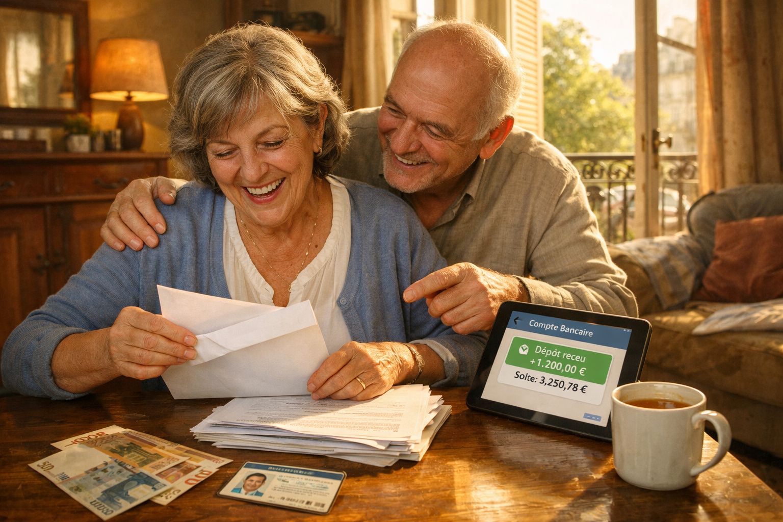 Casal sénior feliz a ler carta junto a dispositivo digital que mostra depósito bancário recebido.