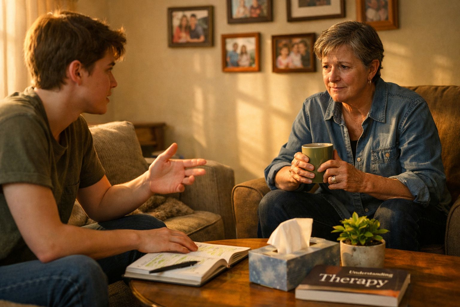 Jovem a conversar com mulher mais velha sentada, com caneca na mão, mesa com livro e lenços à frente em sala acolhedora.
