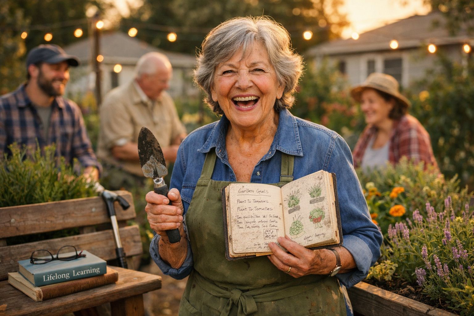 Idosa sorridente segurando um caderno de jardinagem e uma pequena pá num jardim com pessoas ao fundo.