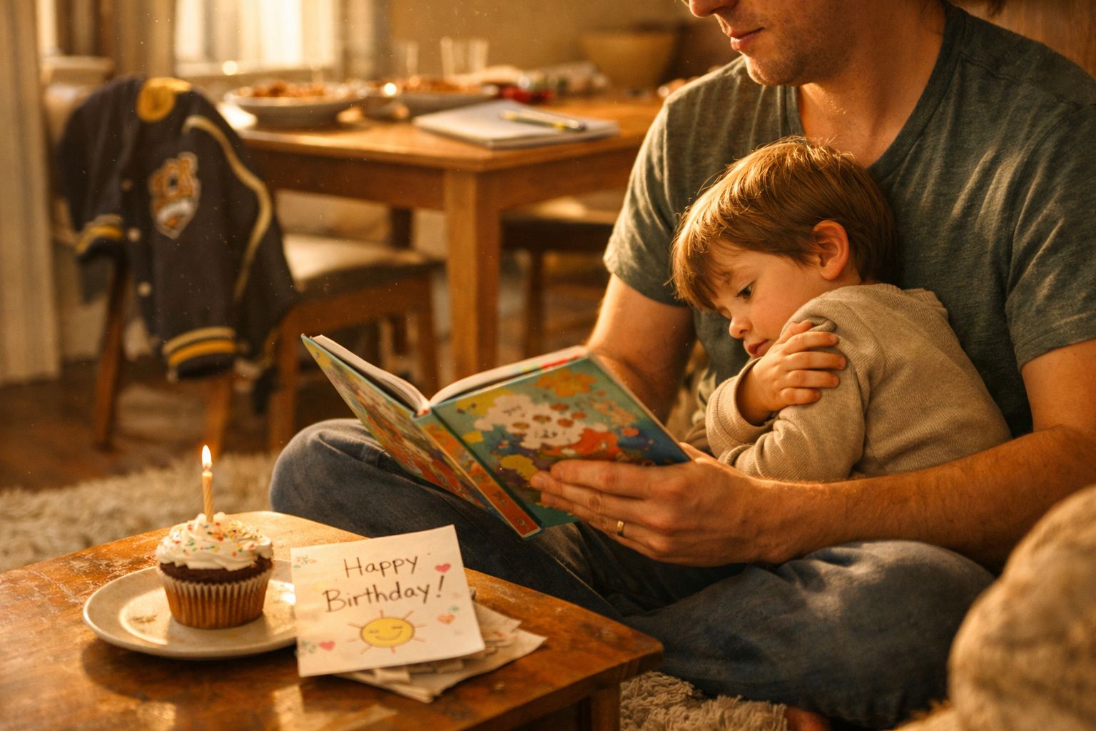 Pai e filho sentados a ler um livro, com cupcake e cartão de aniversário numa mesa à frente.