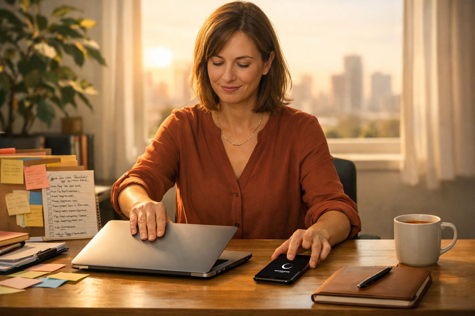Mulher sorridente a fechar laptop e a tocar no ecrã do telemóvel numa mesa com caneca e cadernos.