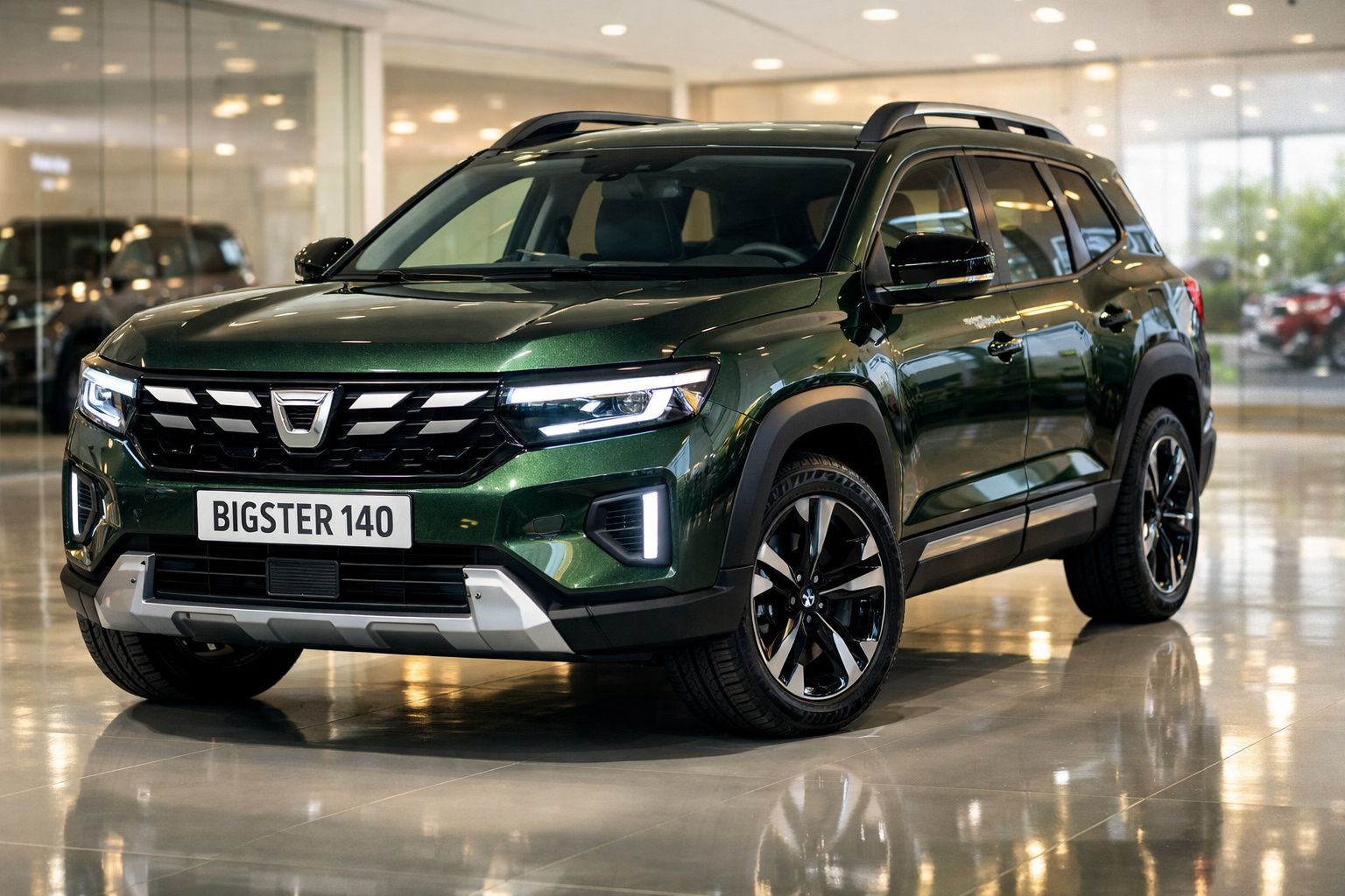 SUV Dacia Bigster 140 verde escuro apresentado em interiores de showroom moderno.