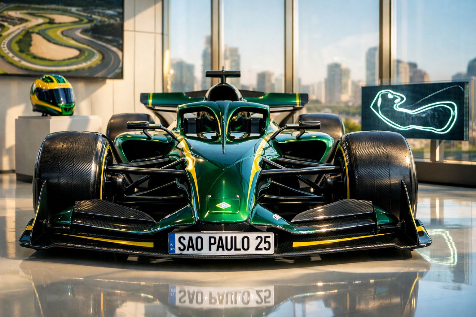 Carro de Fórmula 1 verde com licença "SAO PAULO 25" exposto em sala iluminada com capacete e mapa de circuito.