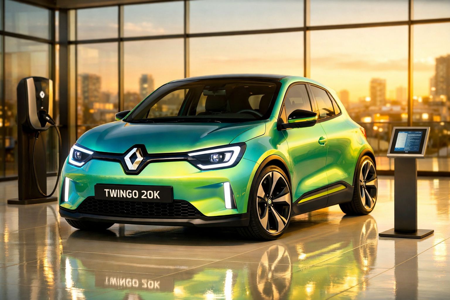 Carro elétrico Renault Twingo 20K verde exposto num showroom moderno com carregador ao lado.