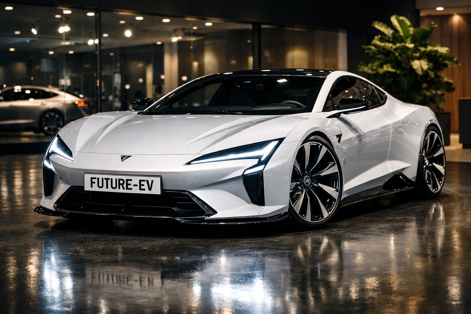 Carro elétrico desportivo branco futurista estacionado em interior com luzes LED acesas e piso brilhante.