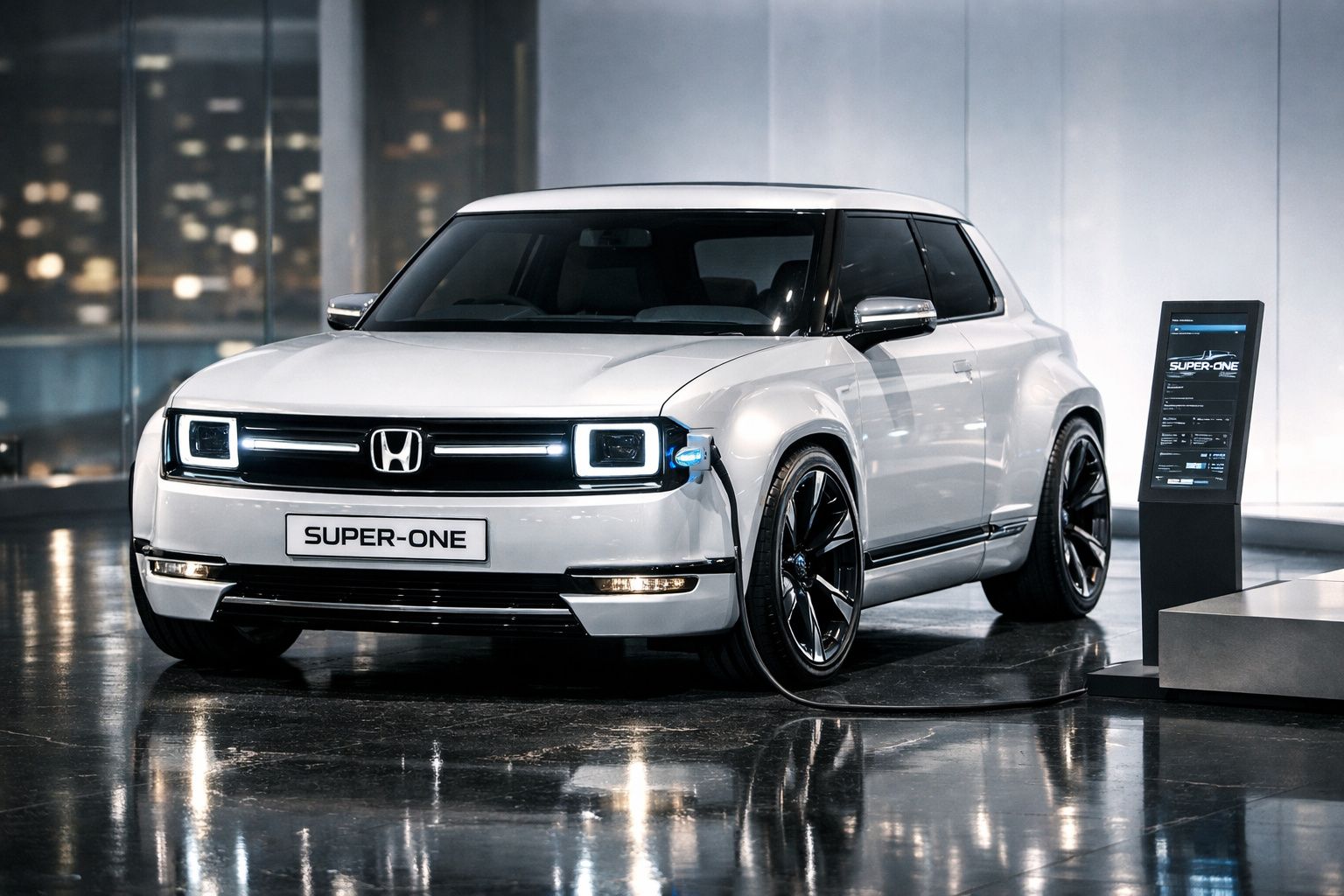 Honda Super-One elétrico branco exposto em ambiente moderno e iluminado.