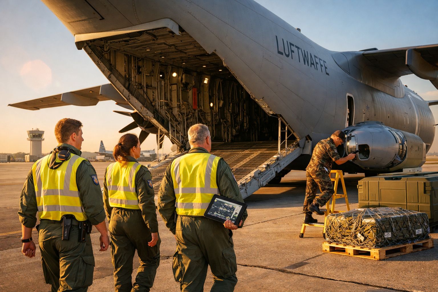Três militares com coletes luminosos aproximam-se de avião militar aberto para carga ao pôr do sol.