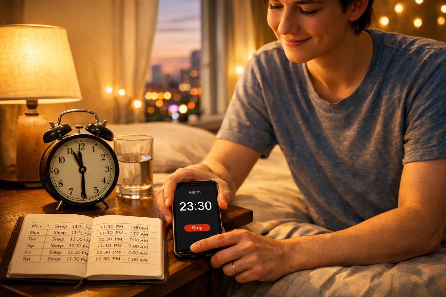 Pessoa a definir alarme para as 23:30 num smartphone, com despertador tradicional e agenda na mesa de cabeceira.