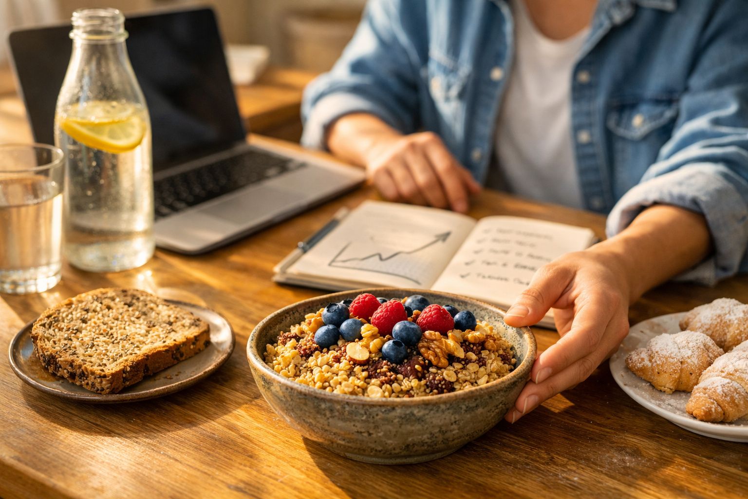 Pessoa em roupa casual comendo taça de muesli com frutos vermelhos, pão, croissants e laptop numa mesa de madeira.