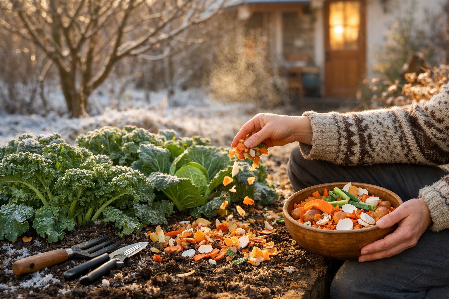 Pessoa a espalhar restos de legumes num jardim com couve, num dia de inverno com geada.