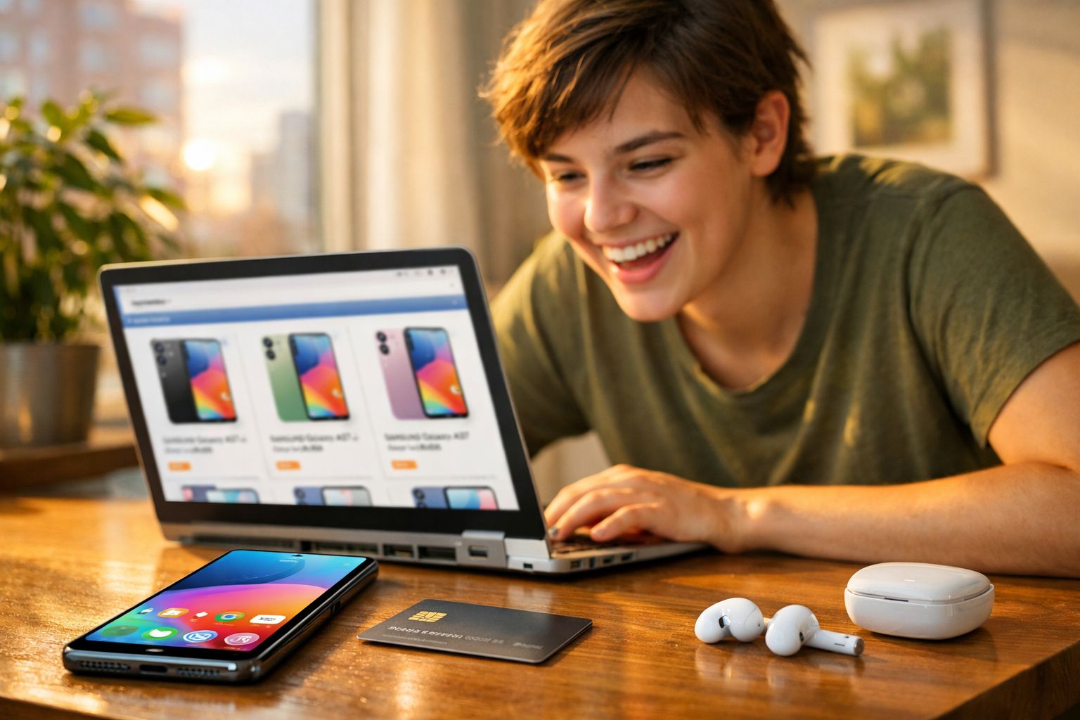 Mulher sorridente a consultar telemóveis num computador portátil com dispositivos e cartão numa mesa.