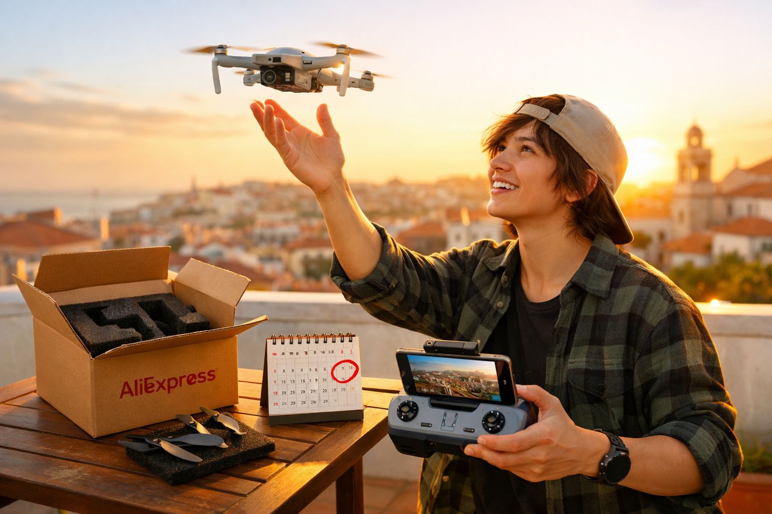 Pessoa a controlar drone com comando remoto durante o pôr do sol, com caixa AliExpress e calendário numa mesa.