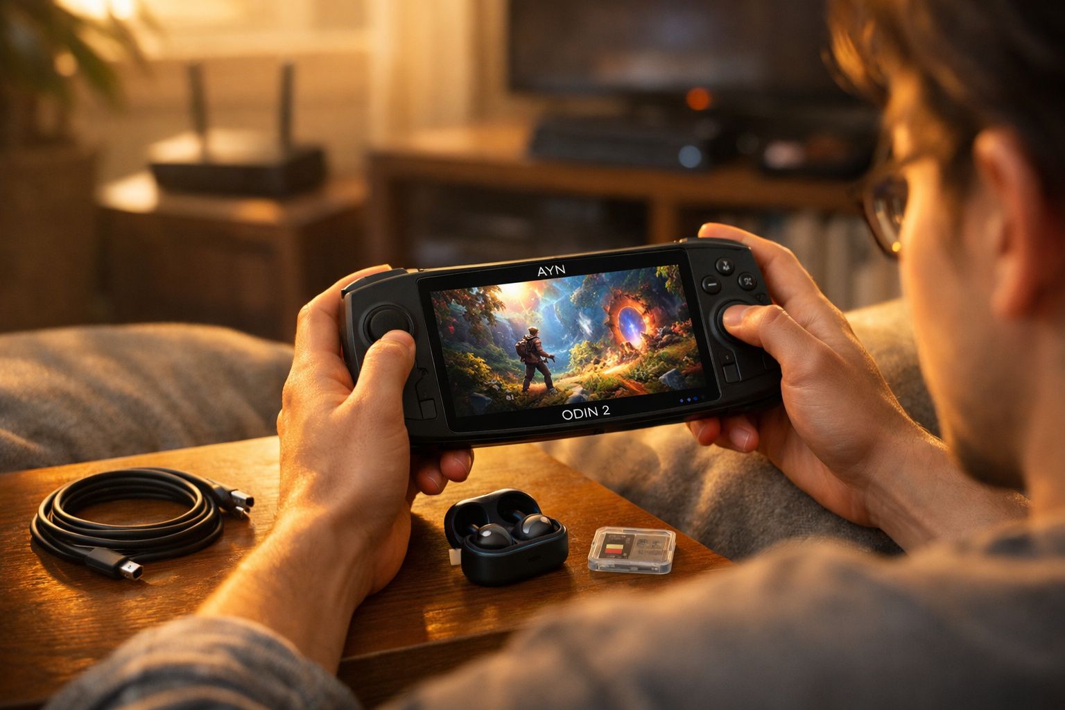 Pessoa a jogar videojogo num portátil AYN Odin 2 com auscultadores e cabo USB numa mesa de madeira.