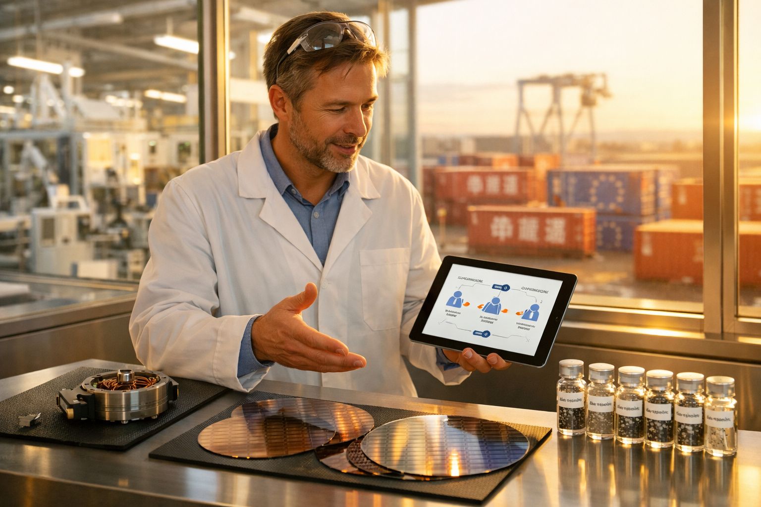 Homem em laboratório a explicar com tablet, com wafers de silício e frascos com materiais ao fundo.