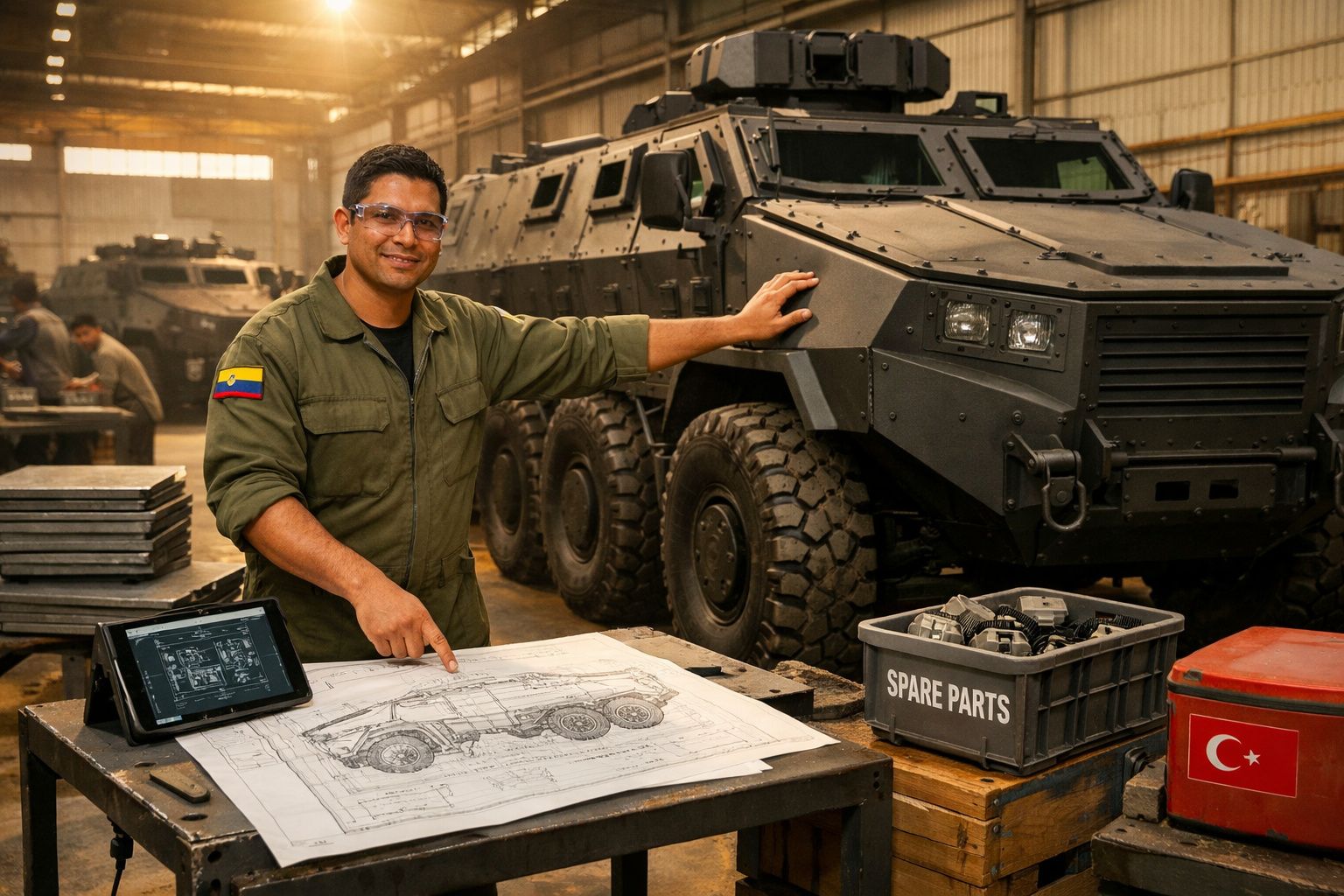 Homem com óculos de proteção junto a veículo militar blindado numa oficina industrial.
