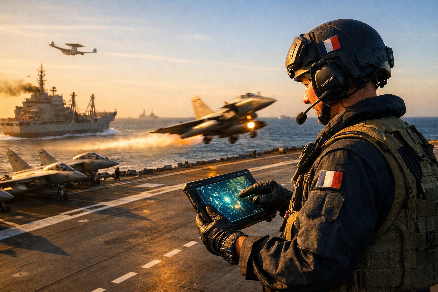 Militar com tablet controla lançamento de caça em porta-aviões ao pôr do sol, com navios e aviões ao fundo.