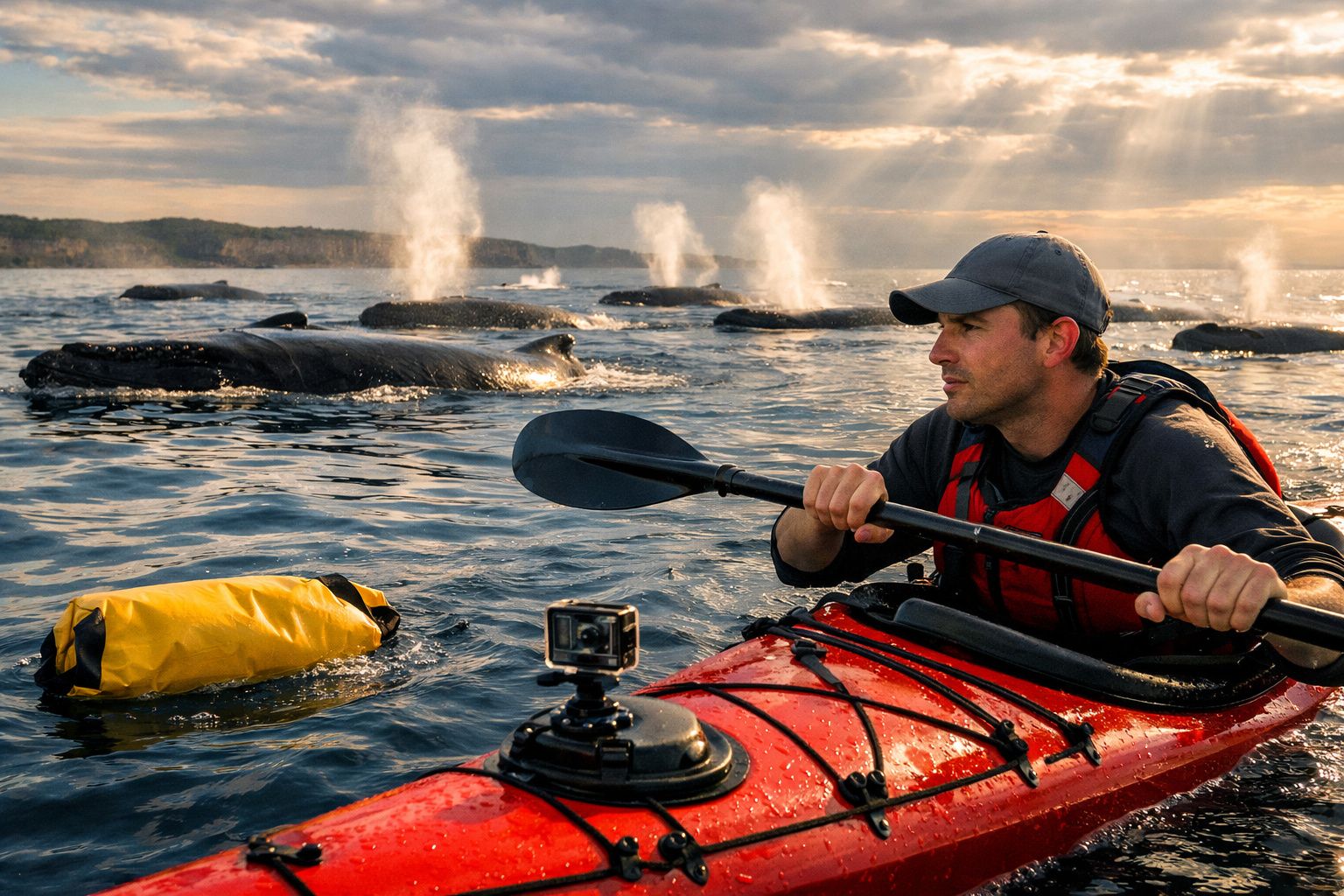 Homem sentado em caiaque vermelho observa baleias a expelir água no mar ao pôr do sol.