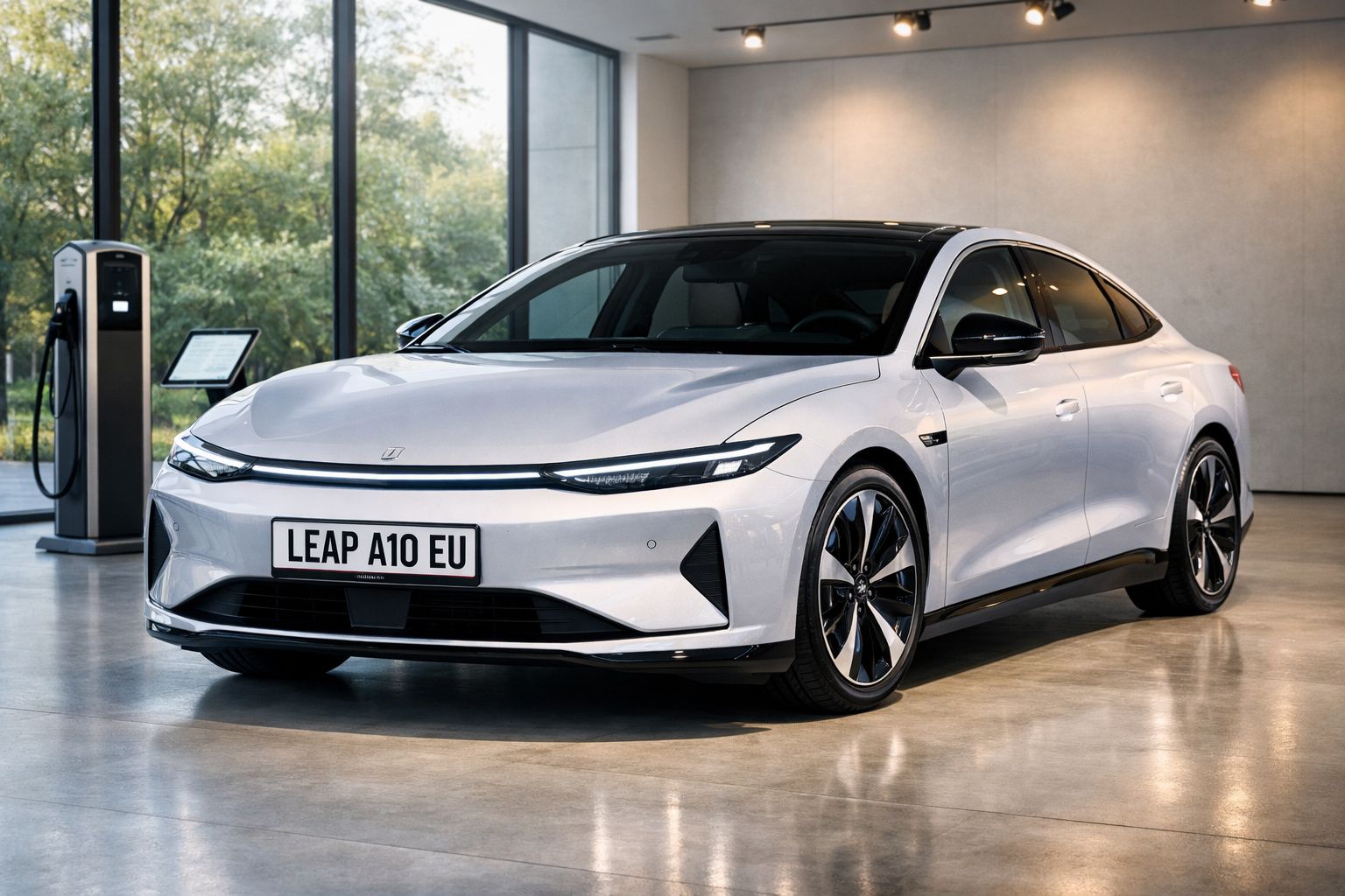 Carro elétrico branco LEAP A10 EU estacionado em interiores modernos com posto de carregamento ao fundo.