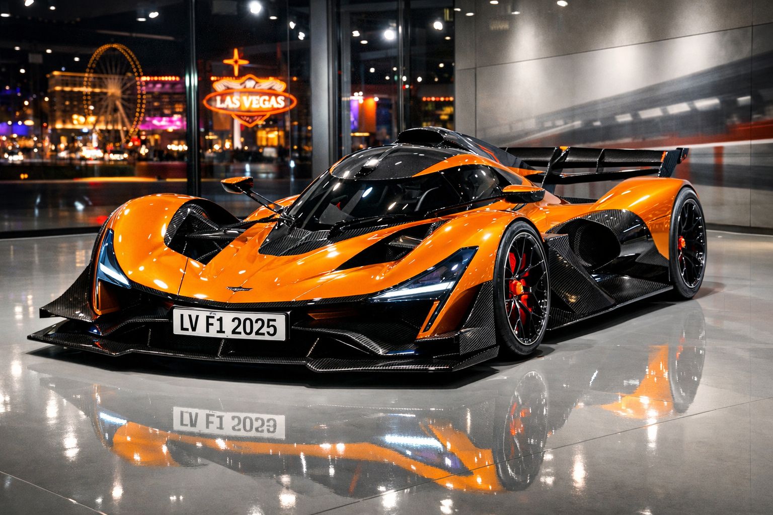 Carro desportivo futurista laranja com detalhes em carbono, estacionado numa garagem com vista para Las Vegas à noite.