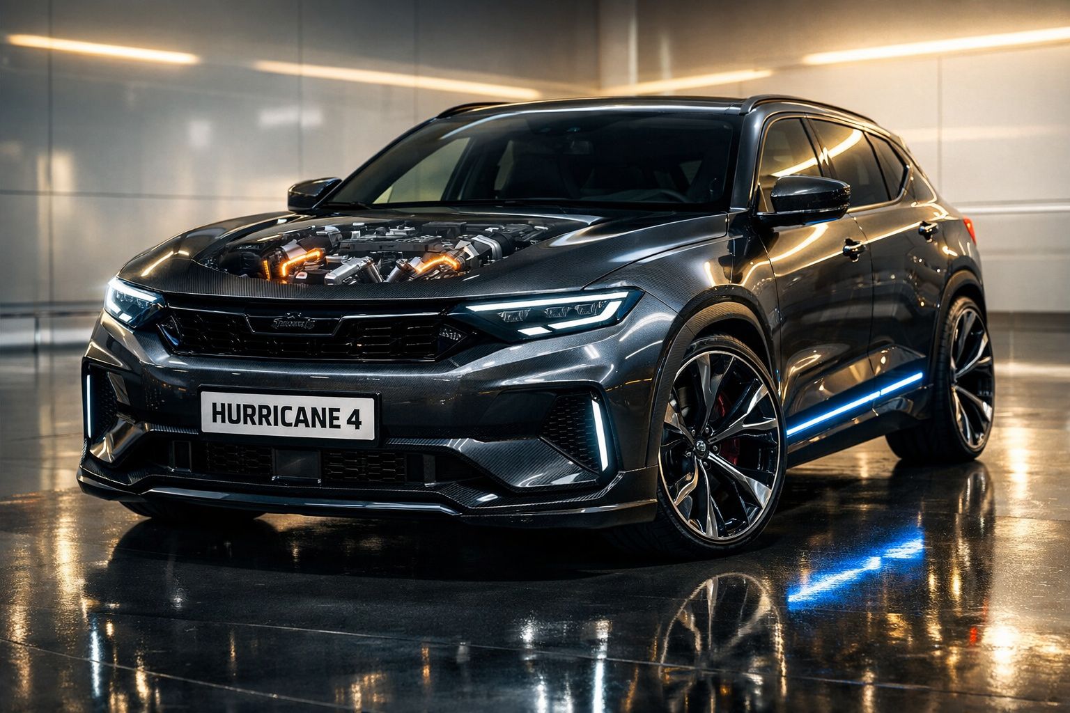 Carro desportivo cinzento escuro estacionado com motor visível no capot e luzes LED acesas.