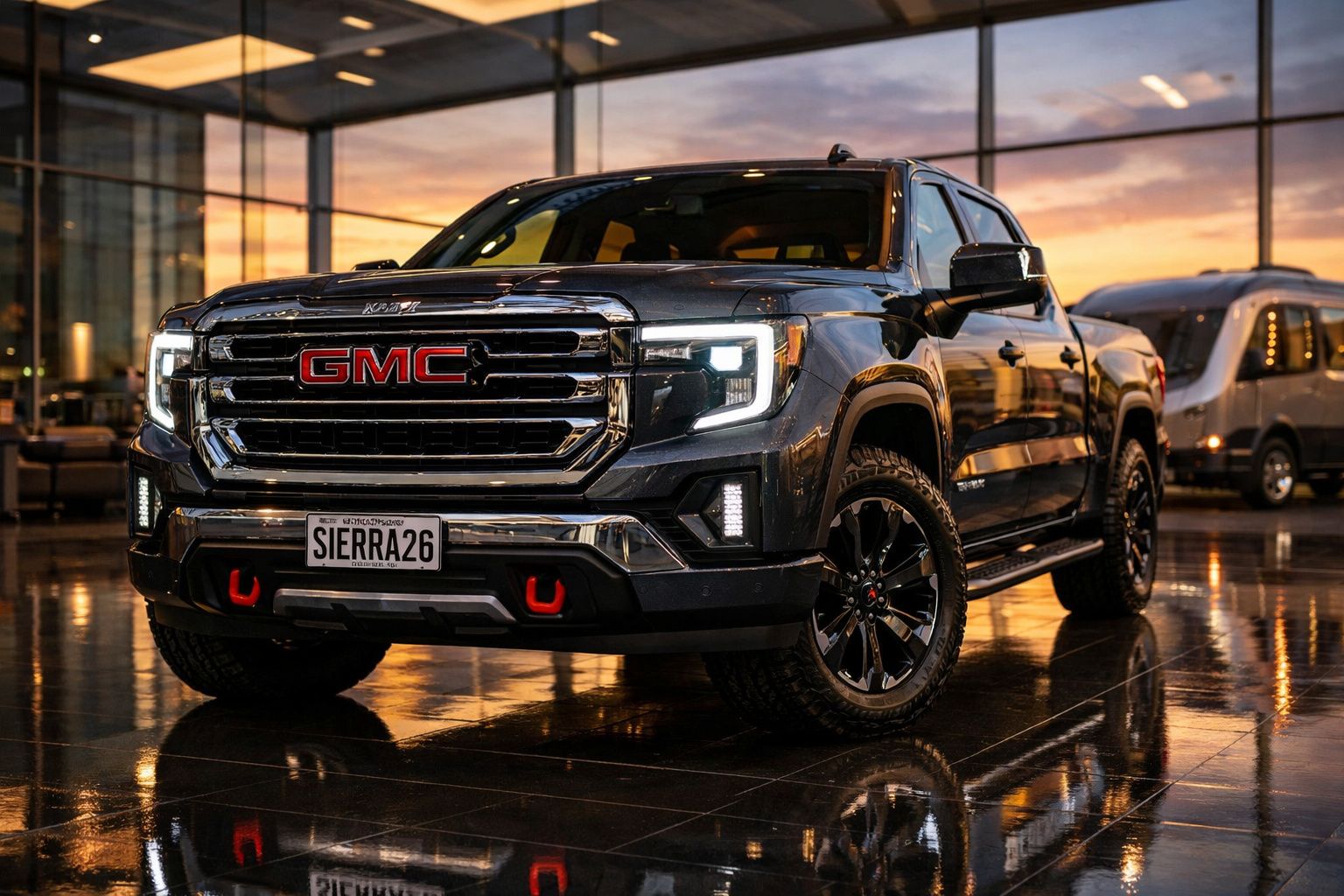 Pick-up GMC preta estacionada em piso refletor com iluminação suave ao pôr do sol.