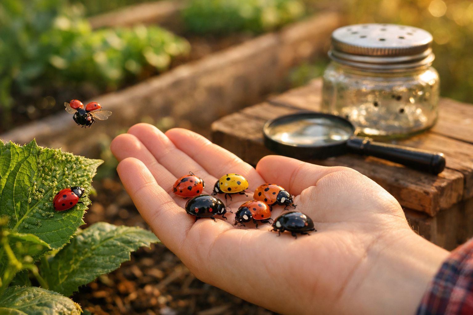 Mão aberta com várias joaninhas coloridas, lupa e recipiente num ambiente de jardim ao pôr do sol.