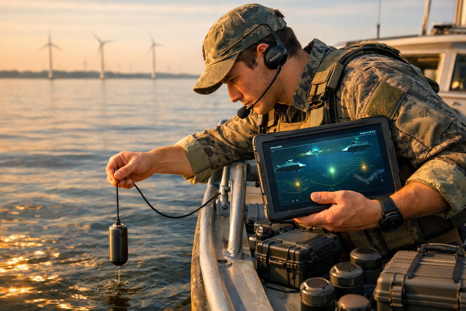 Militar numa embarcação usa tablet para monitorizar dados enquanto mergulha equipamento no mar ao pôr do sol.