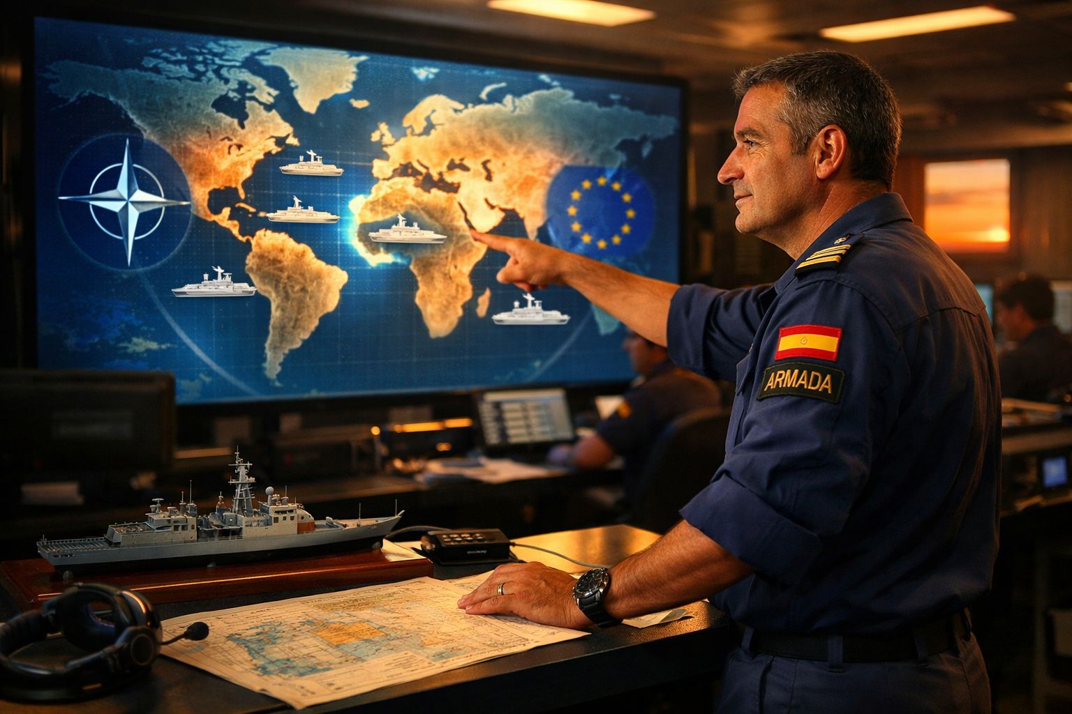 Militar da Armada Espanhola apontando para um ecrã com mapa-múndi e ícones de navios de guerra.