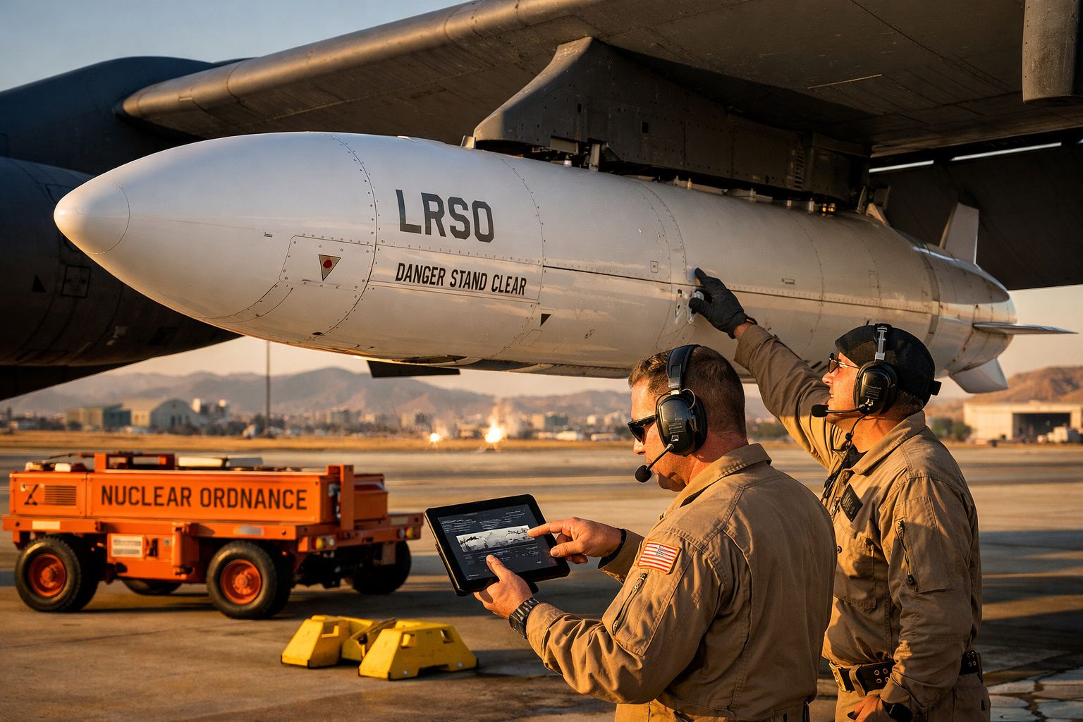 Dois técnicos militares com auscultadores junto a um míssil sob a asa de um avião, com veículo laranja ao fundo.