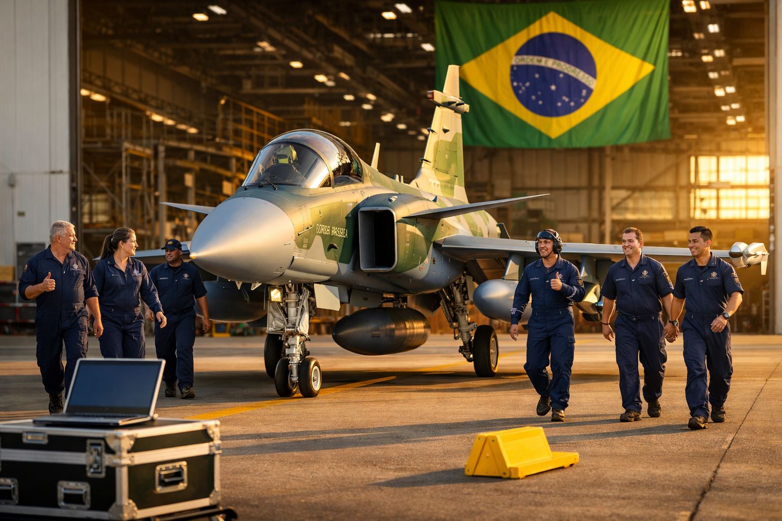 Equipa de militares caminha ao lado de caça no hangar com bandeira do Brasil ao fundo.