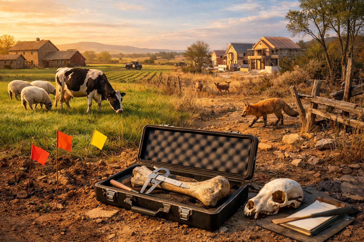 Paisagem rural ao pôr do sol com vaca, ovelhas, raposa, crânio animal e ossos em mala de investigação no chão.