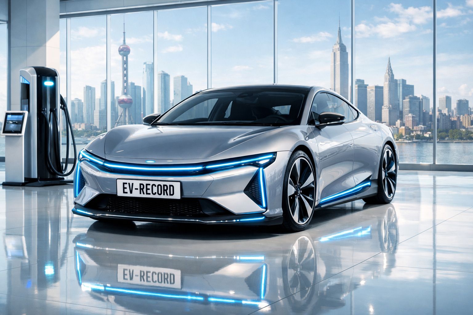 Carro elétrico futurista cinzento com luzes azuis numa estação de carregamento, com cidade moderna ao fundo.