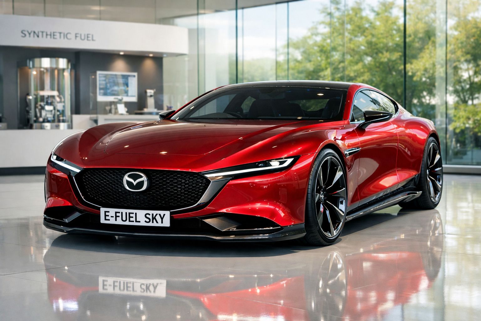Carro desportivo vermelho Mazda E-Fuel Sky estacionado em showroom com fundo moderno vidro e luz natural.