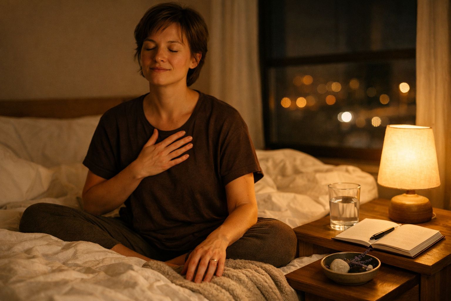 Mulher sentada em posição de meditação na cama, com os olhos fechados e a mão no peito, ambiente acolhedor.