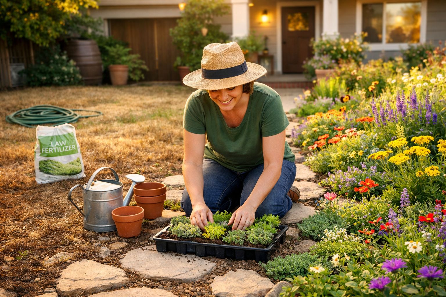 Mulher de chapéu a plantar mudas junto a flores coloridas num jardim ensolarado numa casa.