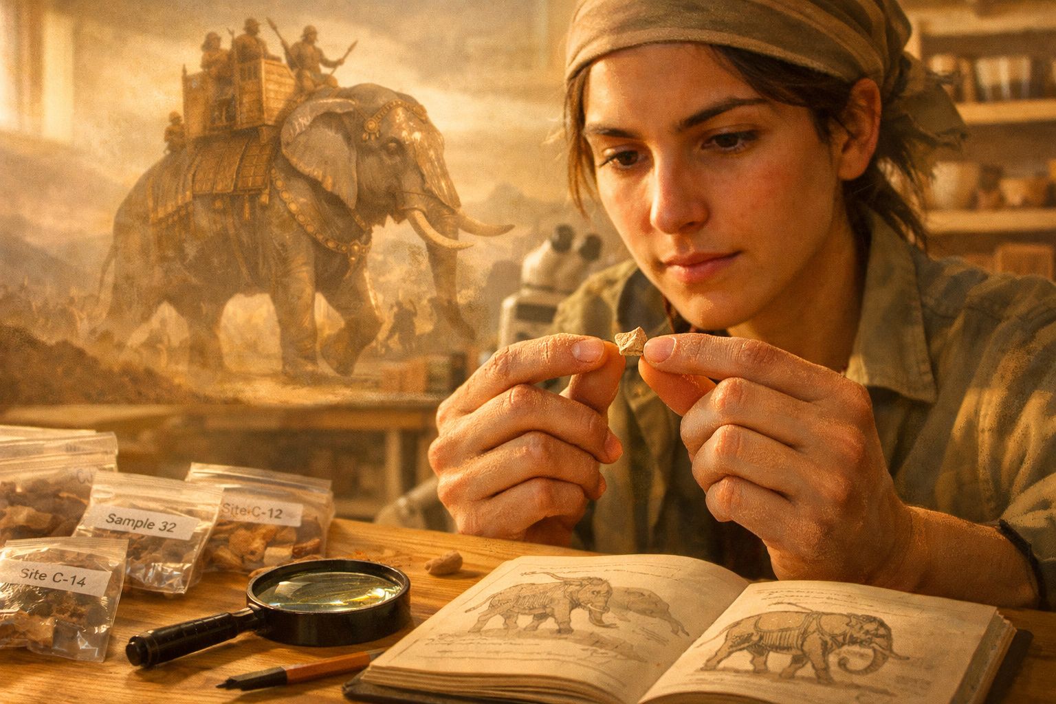 Arqueóloga examina fragmentos fósseis com livro de ilustrações e elefante antigo ao fundo.
