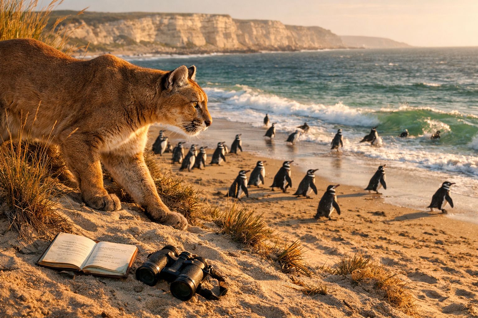 Puma a observar pinguins na praia ao pôr do sol, com binóculos e livro na areia próxima.