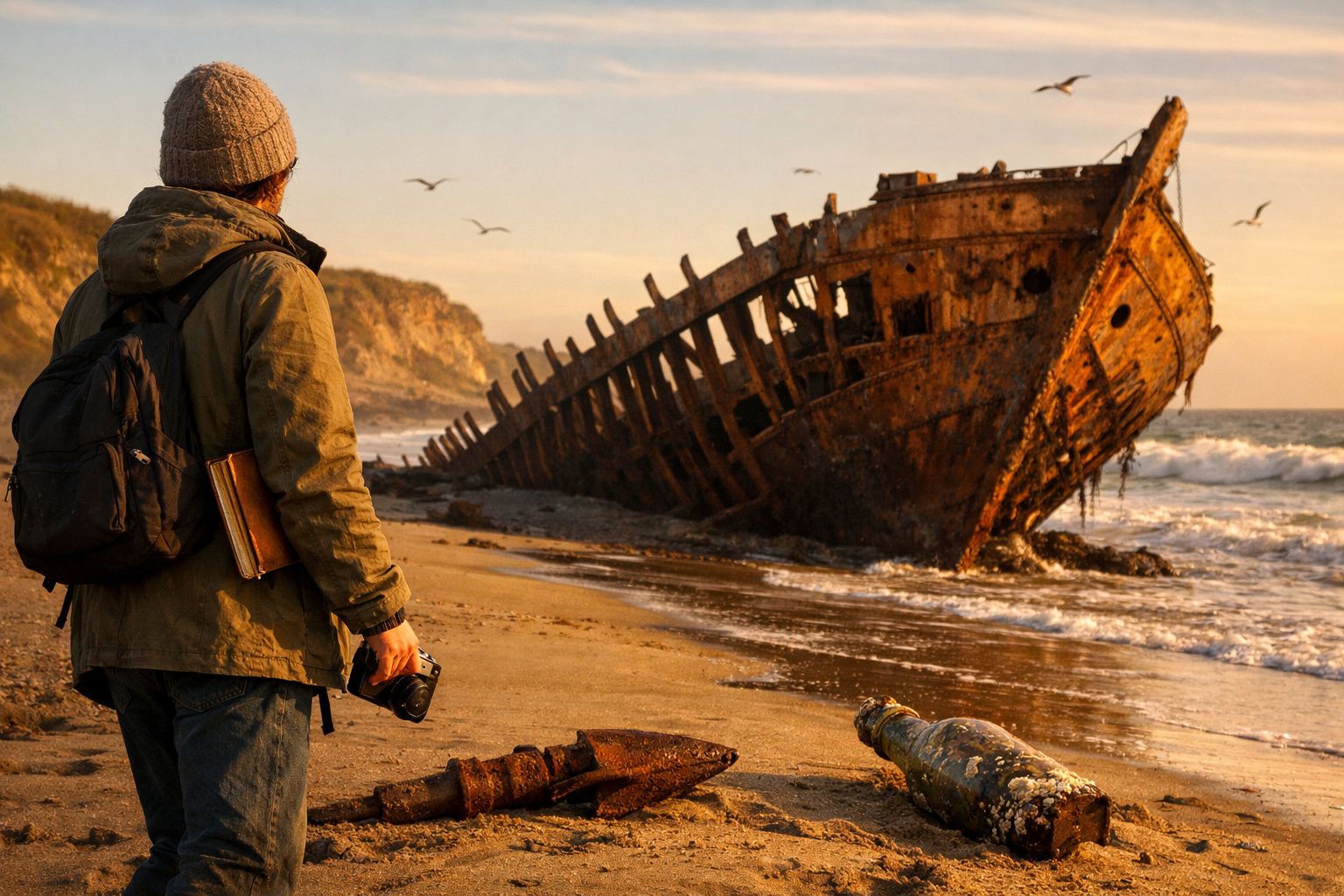 Homem de pé na praia a fotografar um navio abandonado e enferrujado encalhado ao pôr do sol.