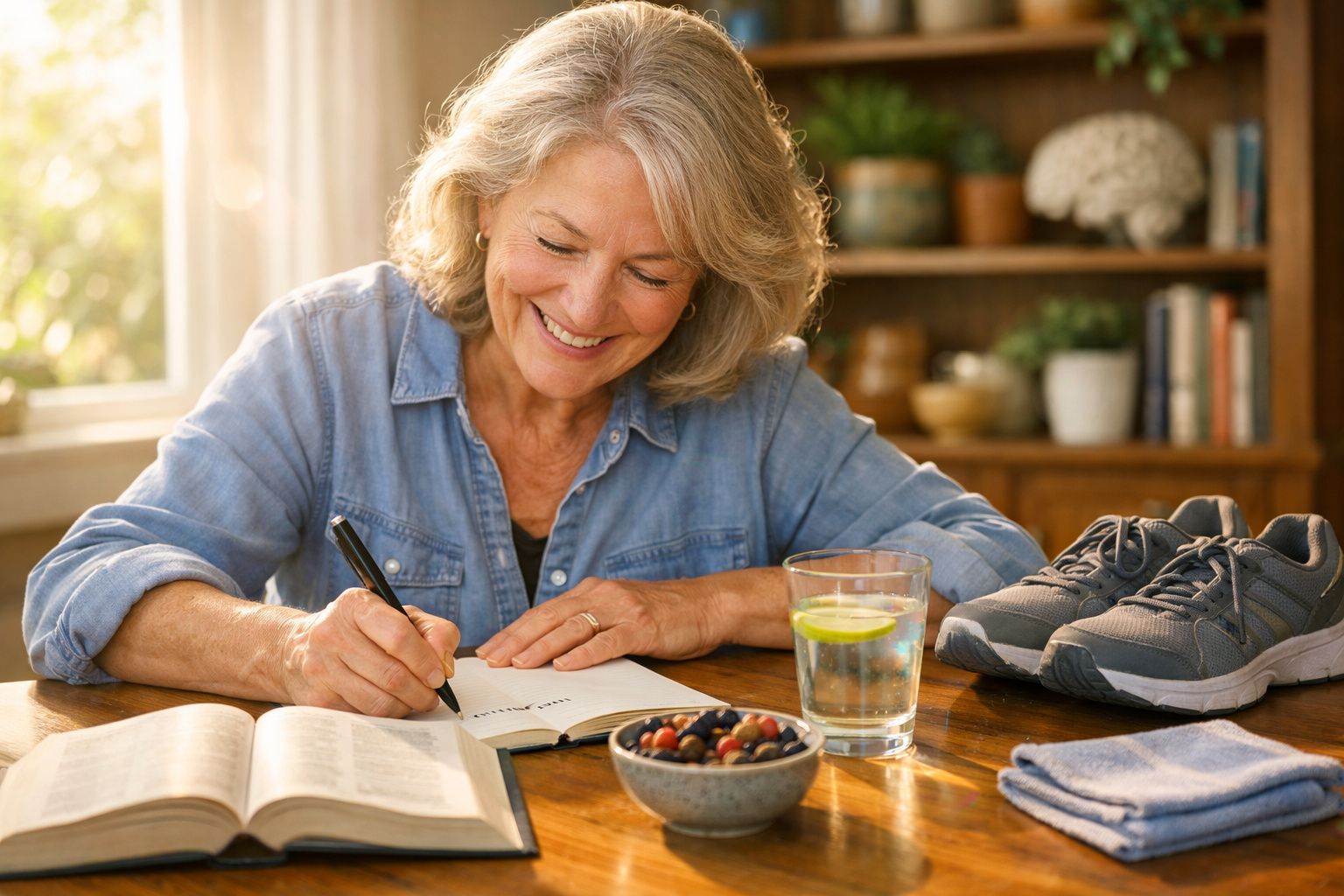 Mulher sorridente escreve num caderno com tigela de frutos secos, copo de água com limão e ténis ao lado.
