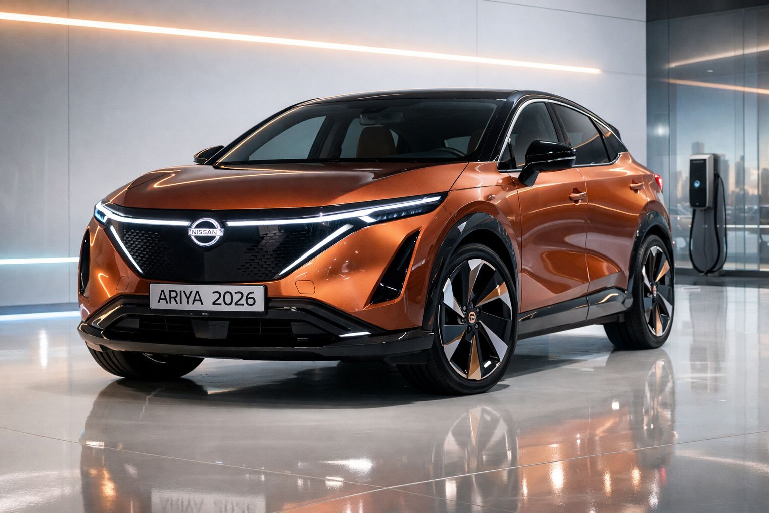 Carro elétrico Nissan Ariya 2026 laranja com design futurista em showroom moderno.
