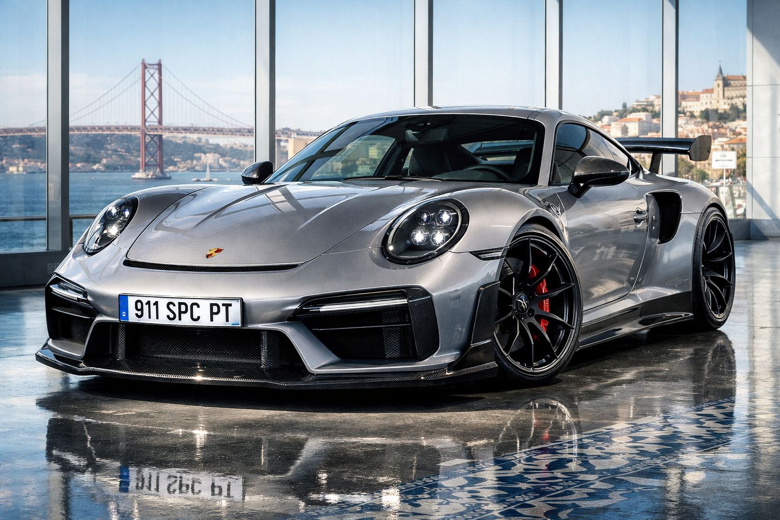 Carro desportivo Porsche 911 cinza estacionado em chão brilhante com vista de ponte e paisagem urbana ao fundo.