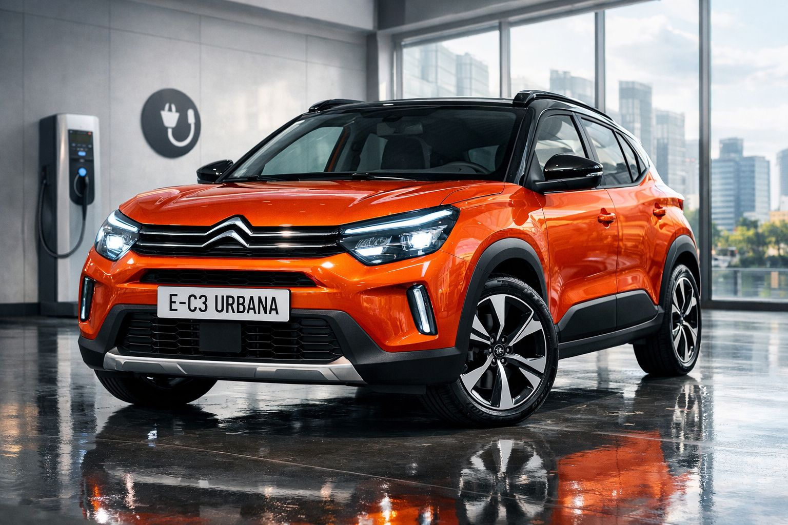 Citroën E-C3 Urbana laranja estacionado numa garagem com posto de carregamento elétrico.