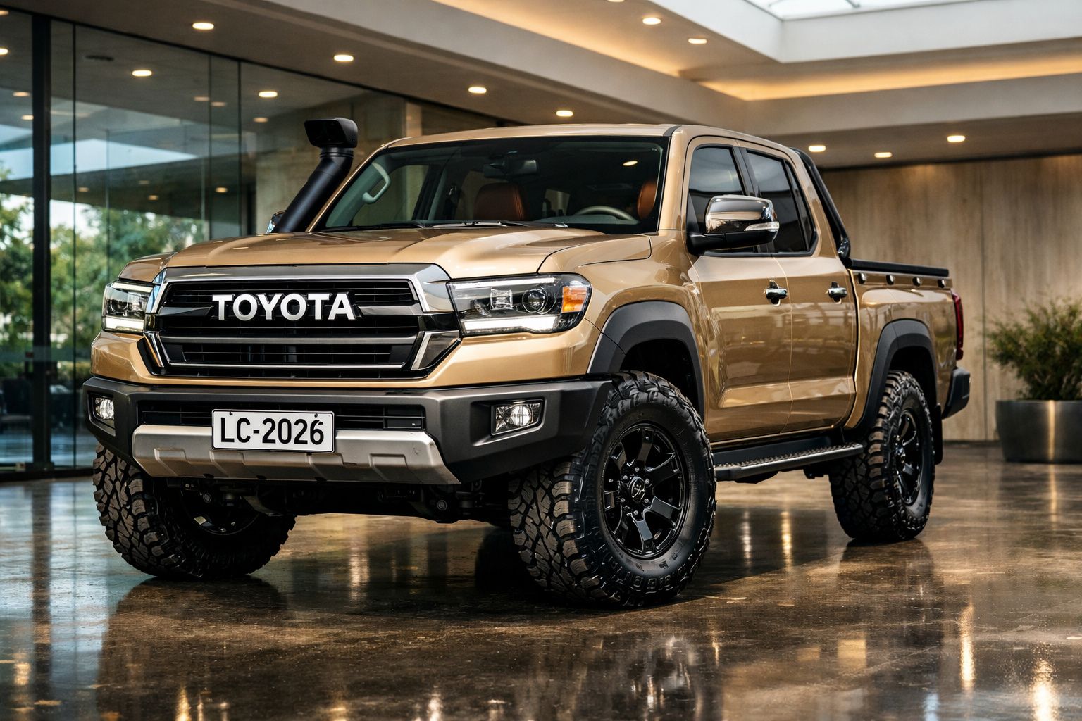 Pick-up Toyota Land Cruiser 2023 cor bronze estacionada em interior moderno com pneus todo-terreno.