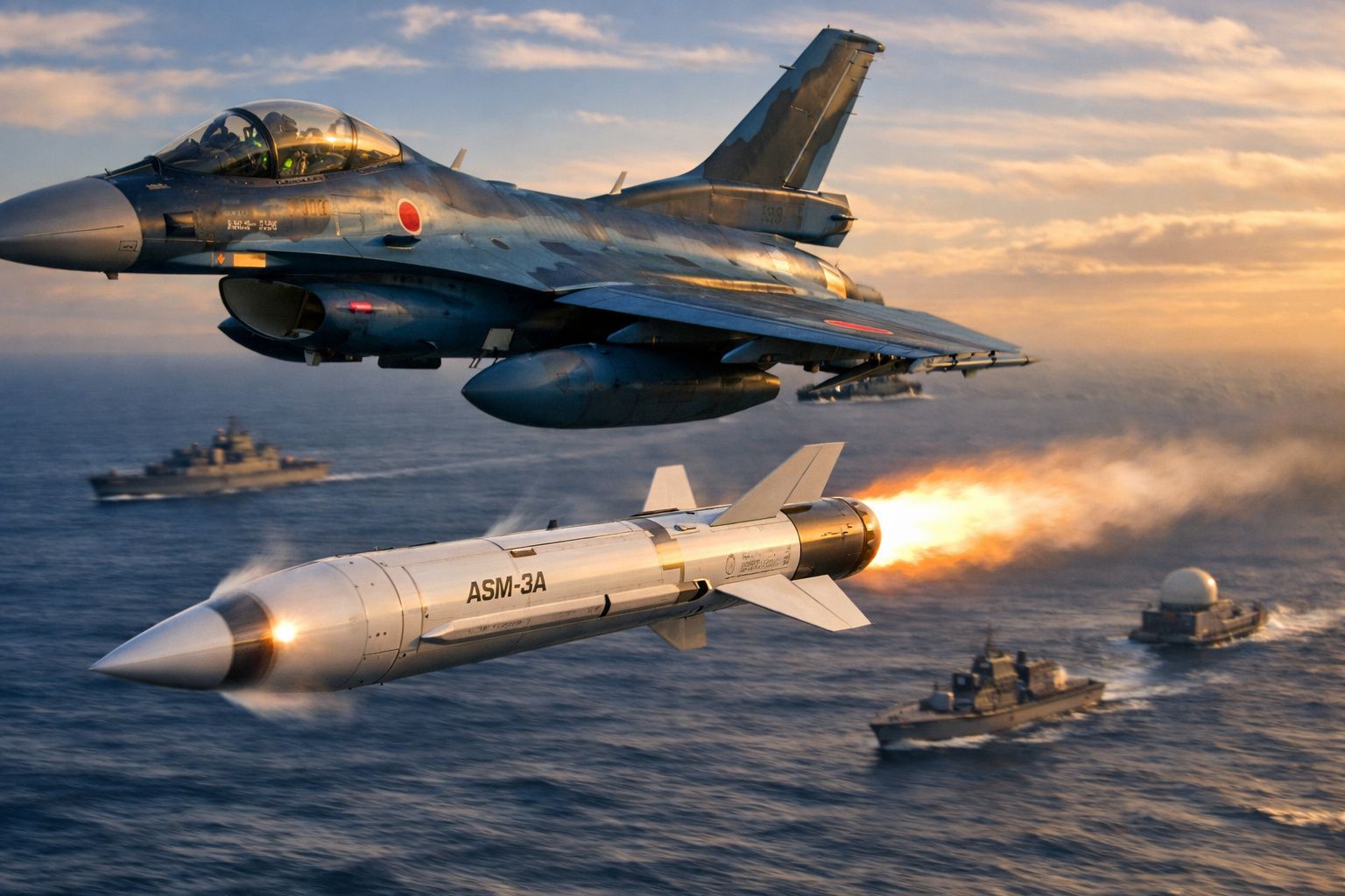Caça militar japonês lança míssil ASM-3A sobre o mar com navios de guerra ao fundo ao pôr do sol.