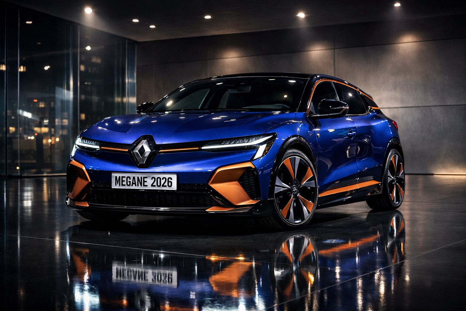 Renault Megane 2026 azul com detalhes laranja, estacionado em ambiente interior moderno e iluminado.